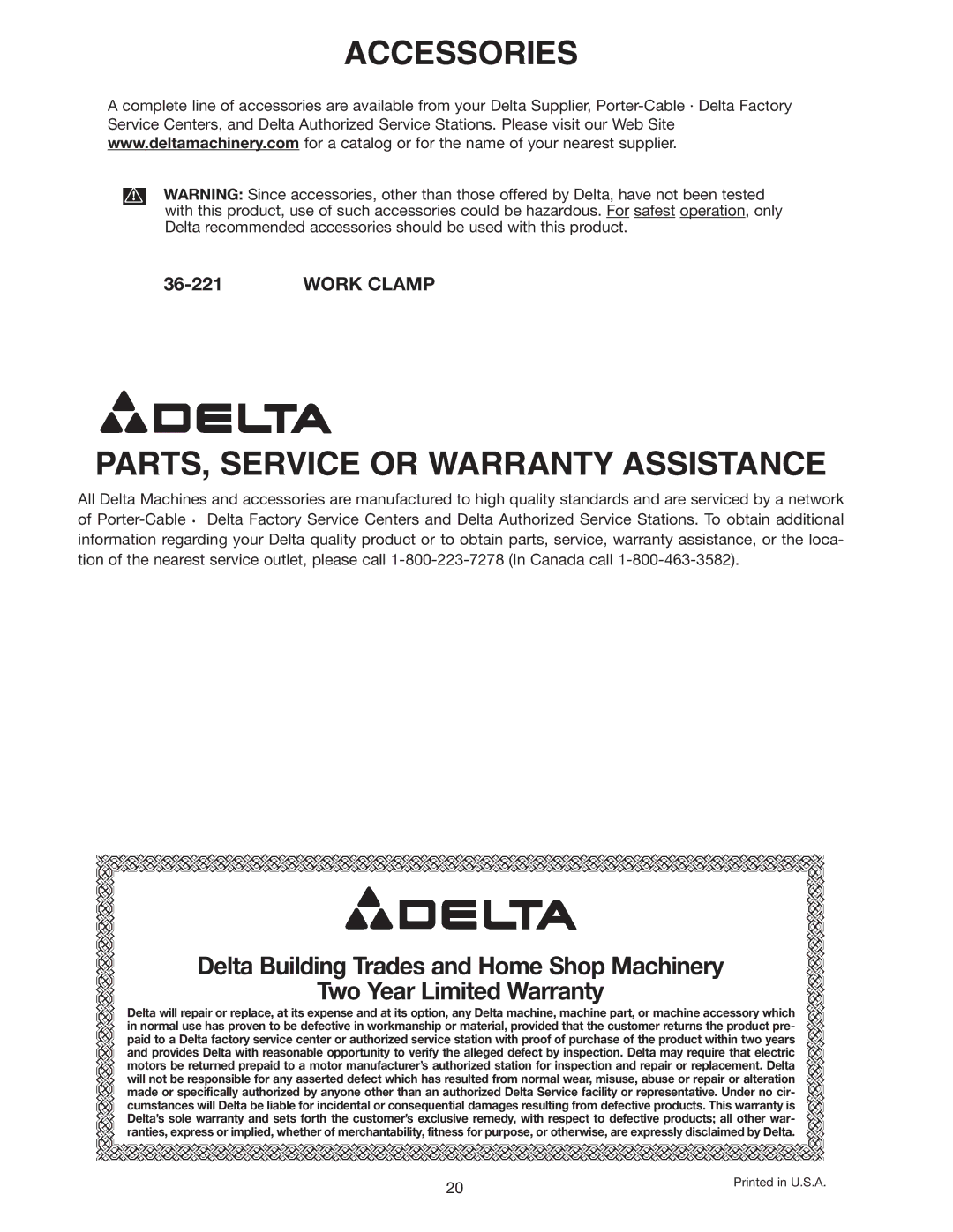 Delta 36-220 instruction manual Accessories, PARTS, Service or Warranty Assistance 