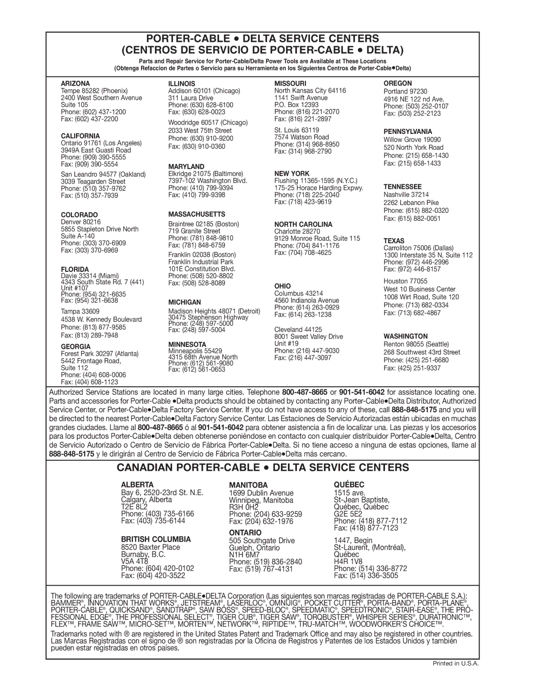 Delta 36-220 instruction manual Canadian PORTER-CABLE Delta Service Centers 