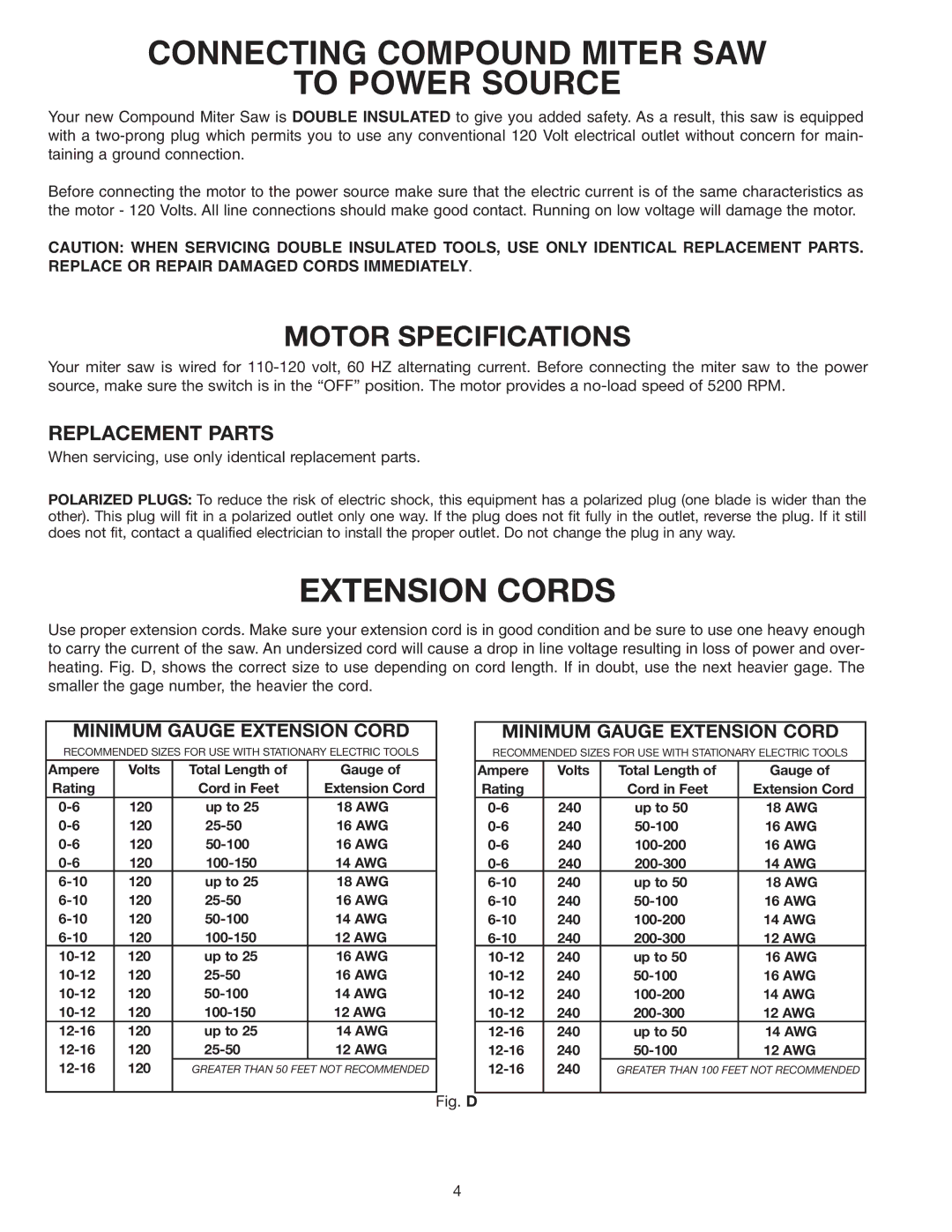 Delta 36-220 instruction manual Connecting Compound Miter SAW To Power Source, Extension Cords 