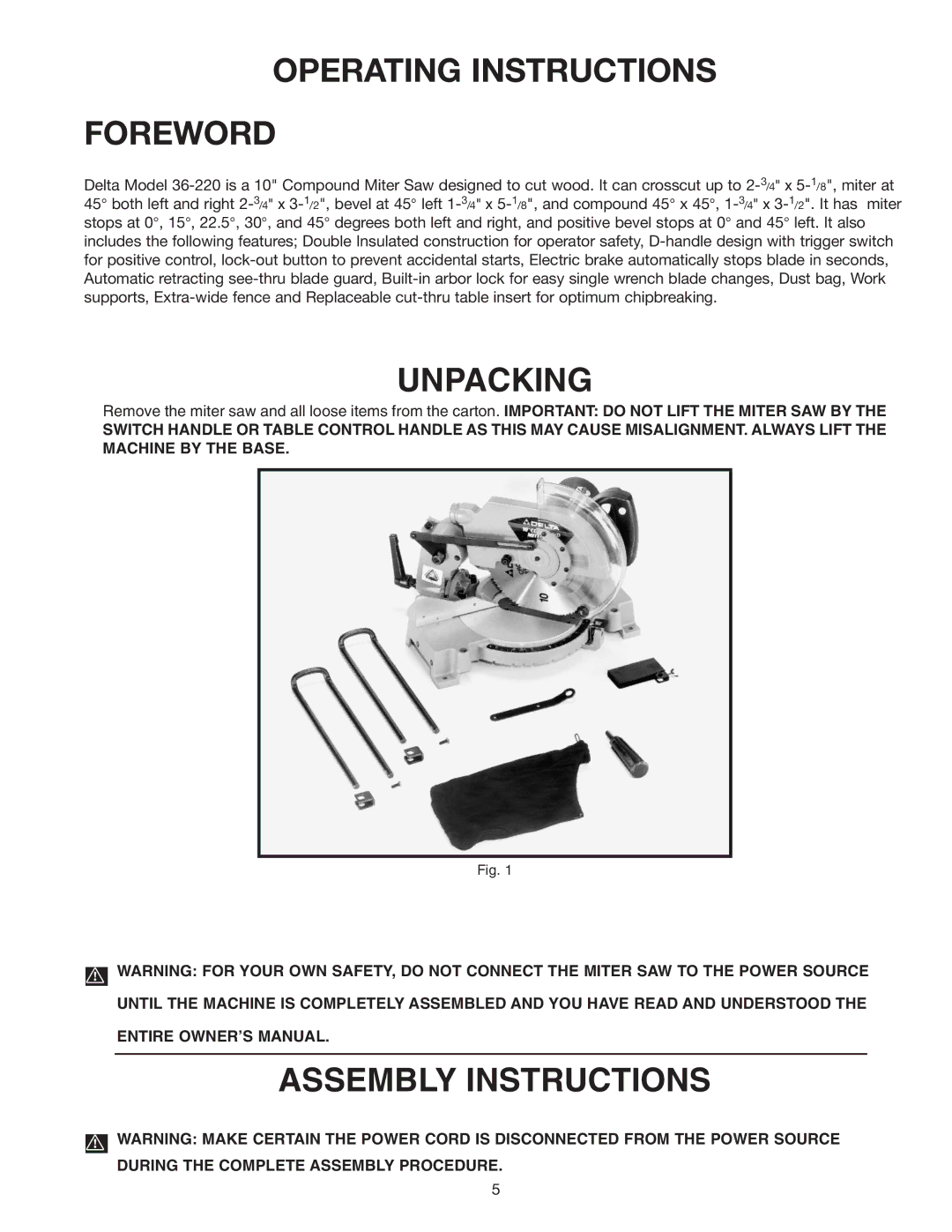 Delta 36-220 instruction manual Operating Instructions Foreword, Unpacking, Assembly Instructions 