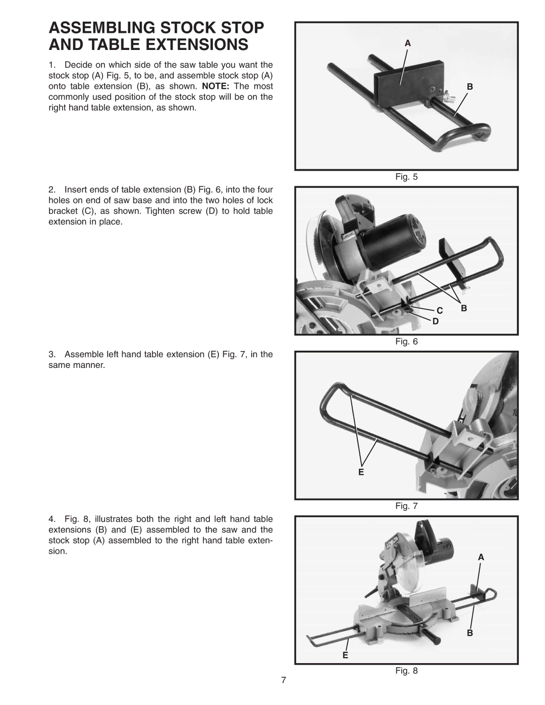 Delta 36-220 instruction manual Assembling Stock Stop and Table Extensions 