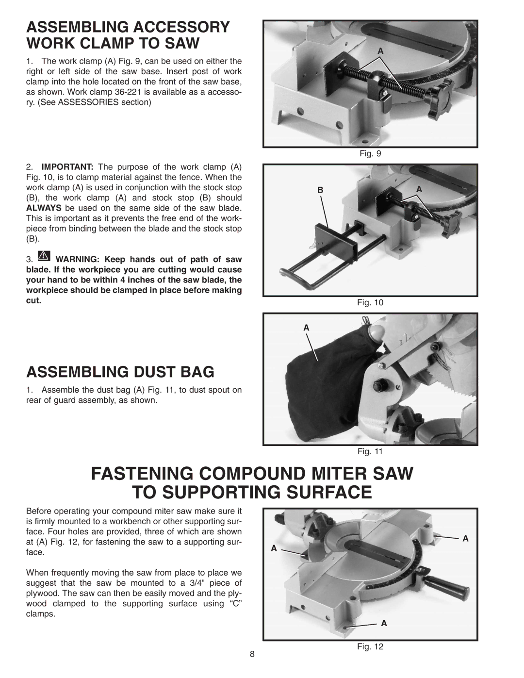 Delta 36-220 instruction manual Fastening Compound Miter SAW To Supporting Surface, Assembling Accessory Work Clamp to SAW 