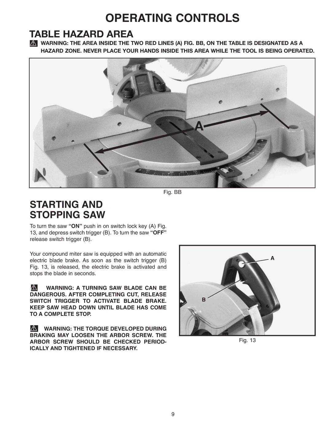 Delta 36-220 instruction manual Operating Controls, Starting Stopping SAW 