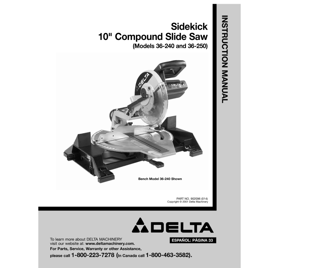 Delta 36-240, 36-250 instruction manual Sidekick Compound Slide Saw 