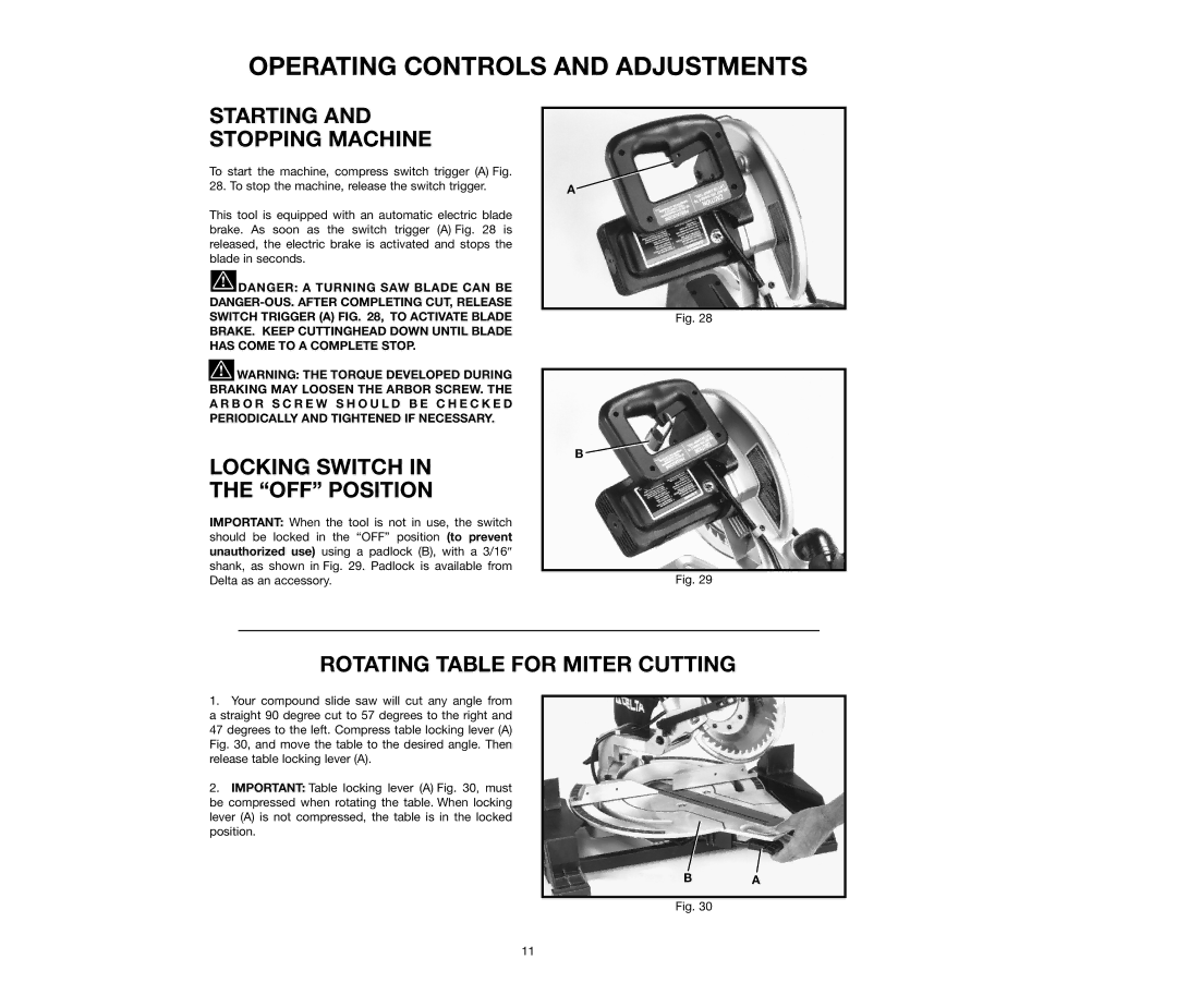 Delta 36-240, 36-250 Operating Controls and Adjustments, Starting Stopping Machine, Locking Switch OFF Position 