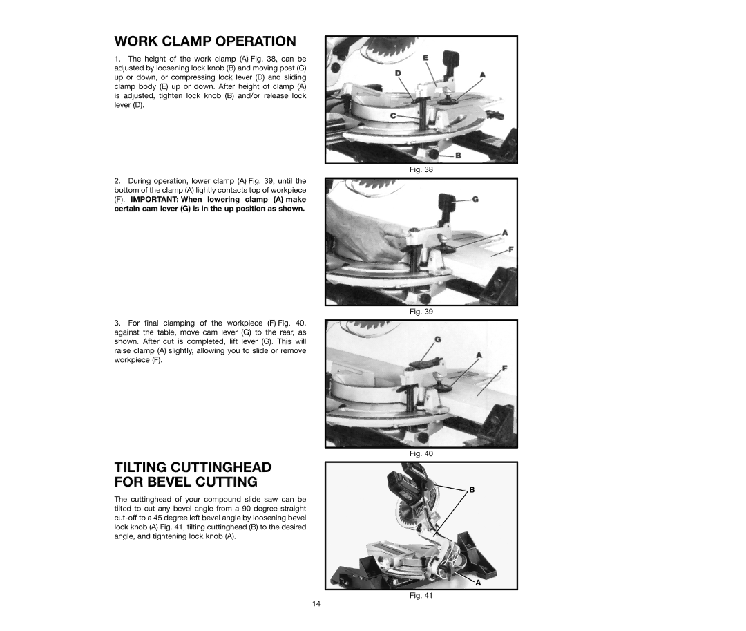 Delta 36-250, 36-240 instruction manual Work Clamp Operation, Tilting Cuttinghead for Bevel Cutting 