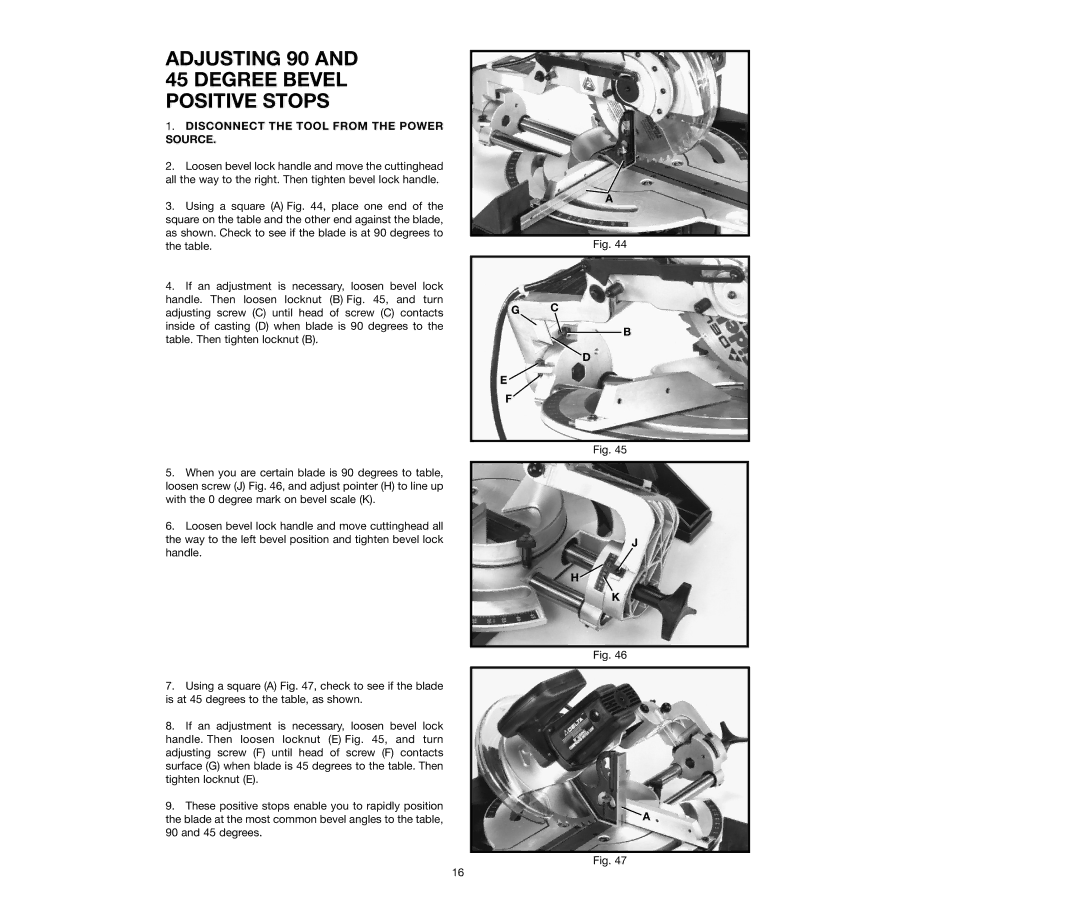 Delta 36-250, 36-240 instruction manual Adjusting 90 and 45 Degree Bevel Positive Stops 