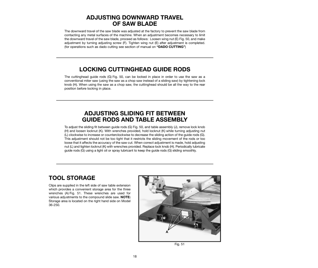 Delta 36-250, 36-240 instruction manual Adjusting Downward Travel SAW Blade, Locking Cuttinghead Guide Rods, Tool Storage 