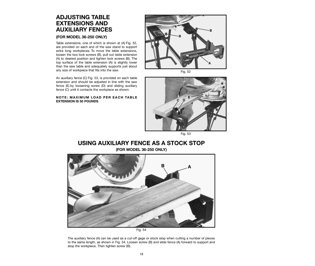 Delta 36-240, 36-250 instruction manual Adjusting Table Extensions Auxiliary Fences, Using Auxiliary Fence AS a Stock Stop 