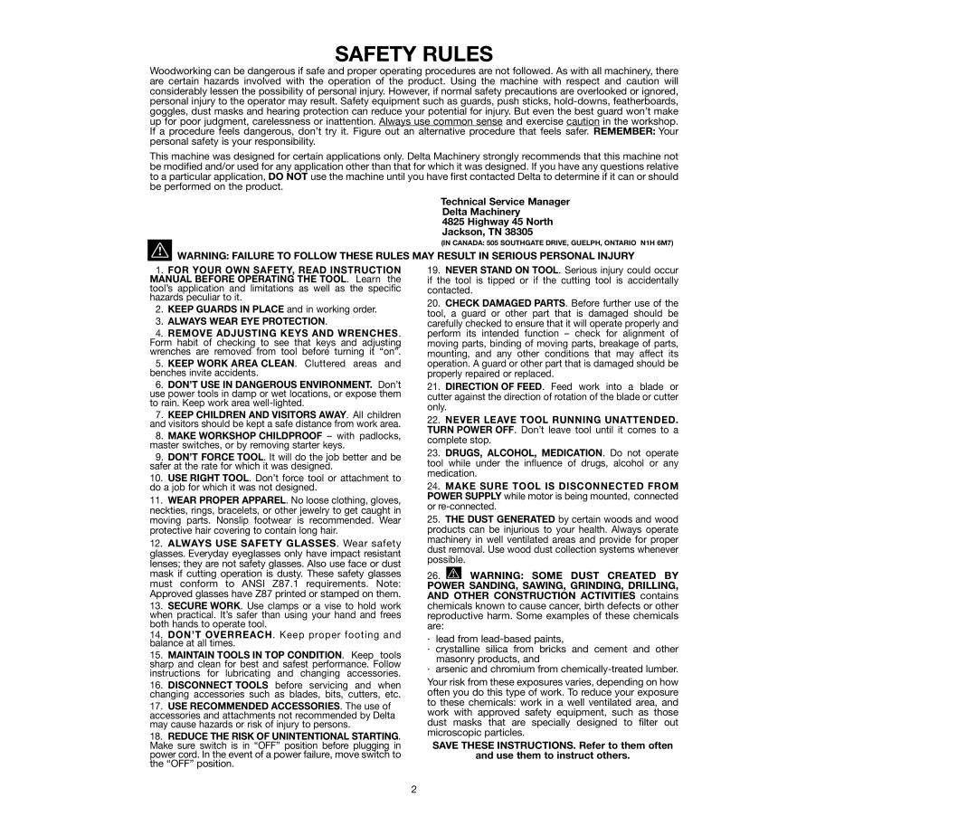 Delta 36-250, 36-240 instruction manual Safety Rules, Always Wear EYE Protection 