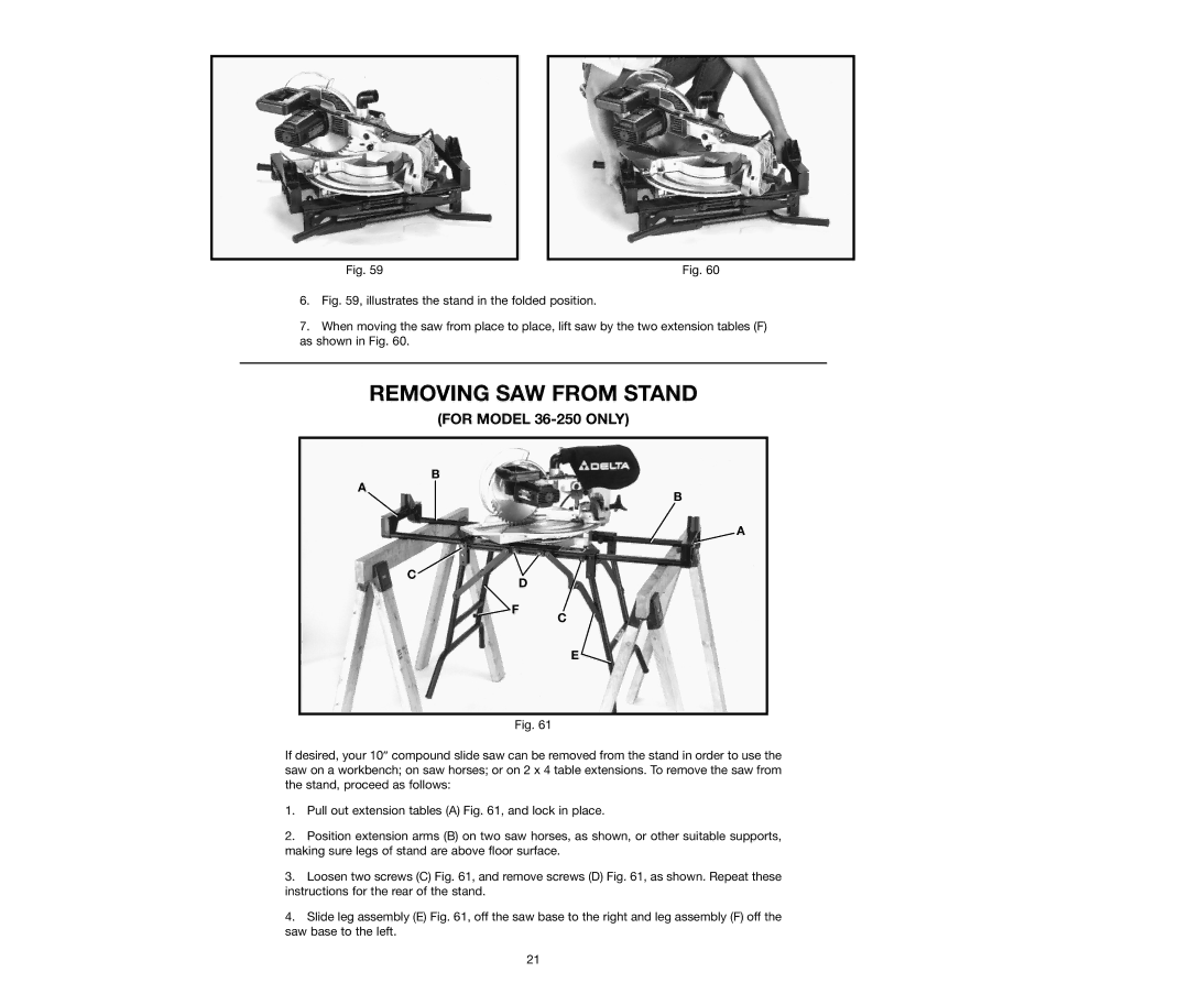 Delta 36-240, 36-250 instruction manual Removing SAW from Stand 