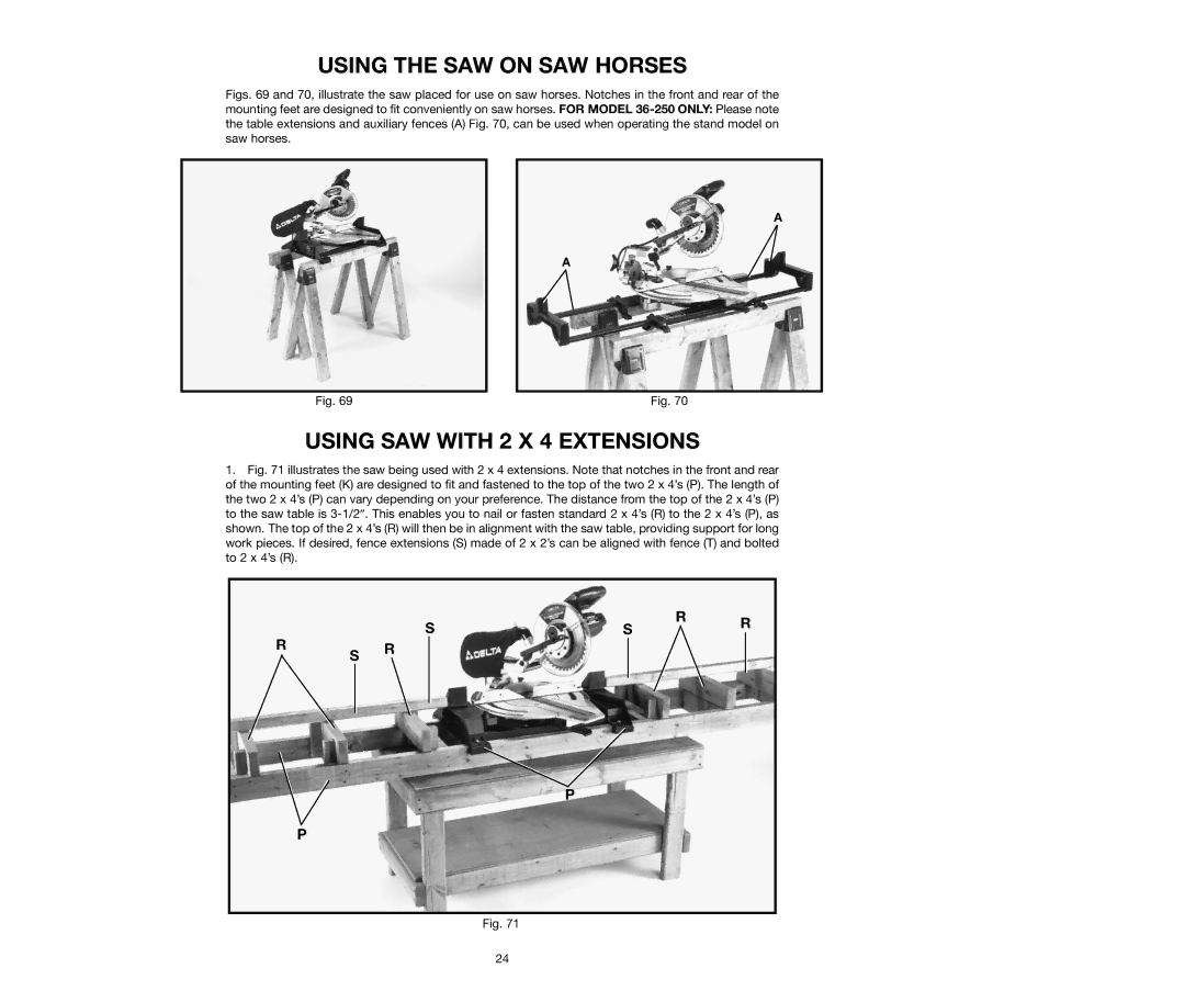 Delta 36-250, 36-240 instruction manual Using the SAW on SAW Horses, Using SAW with 2 X 4 Extensions 