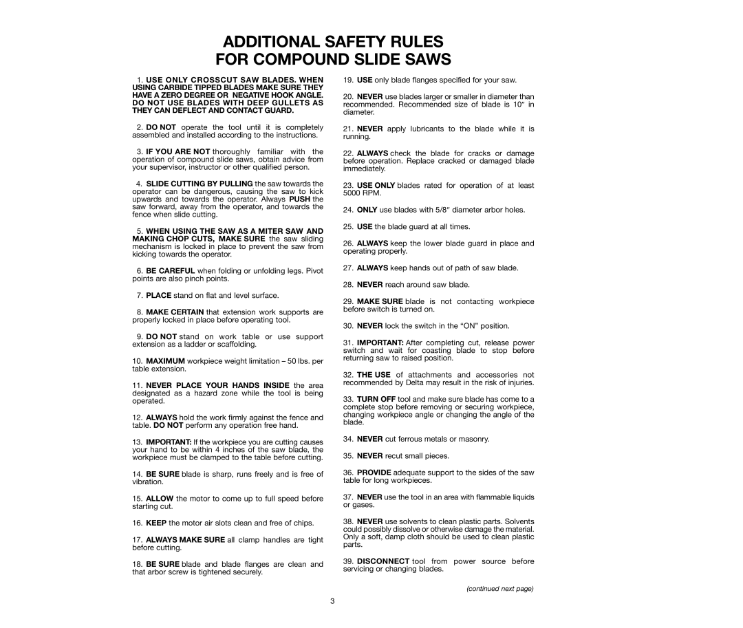 Delta 36-240, 36-250 instruction manual Additional Safety Rules for Compound Slide Saws 