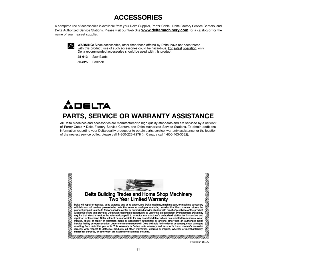 Delta 36-240, 36-250 instruction manual Accessories, PARTS, Service or Warranty Assistance 