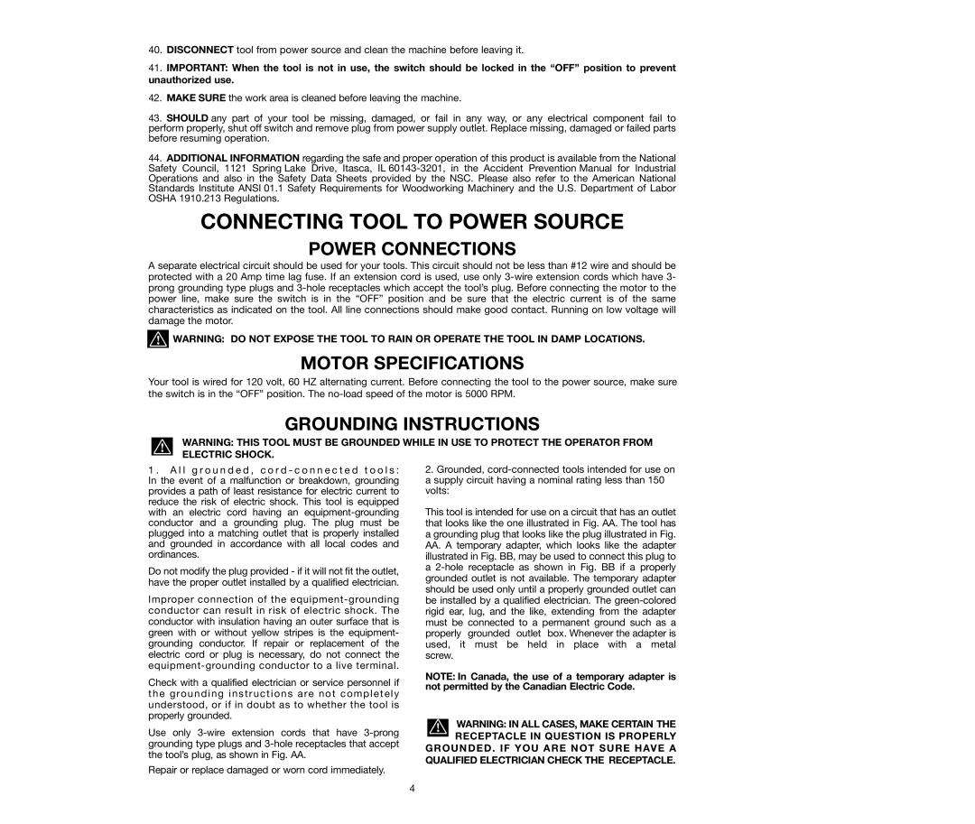 Delta 36-250, 36-240 Connecting Tool to Power Source, Power Connections, Motor Specifications, Grounding Instructions 