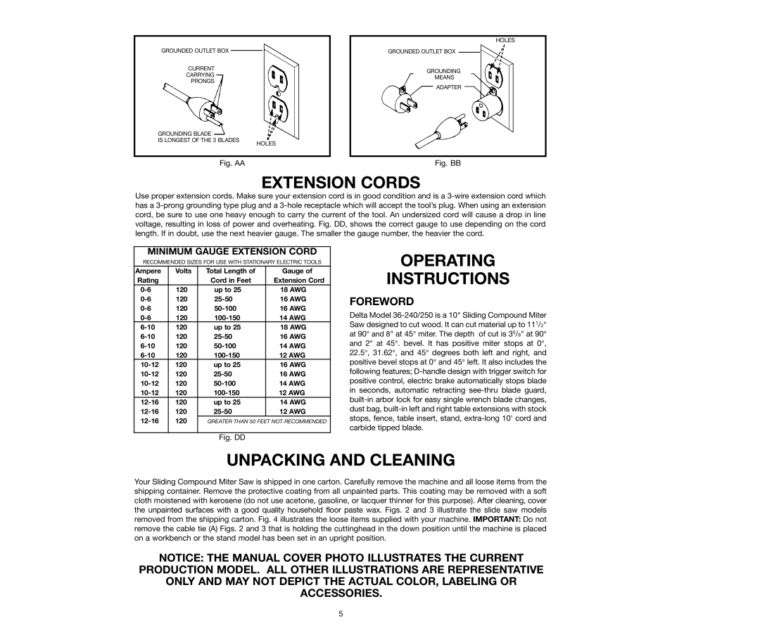 Delta 36-240, 36-250 instruction manual Extension Cords, Operating Instructions, Unpacking and Cleaning 