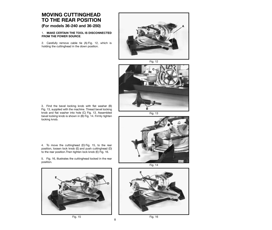 Delta 36-250 instruction manual Moving Cuttinghead to the Rear Position, For models 36-240 