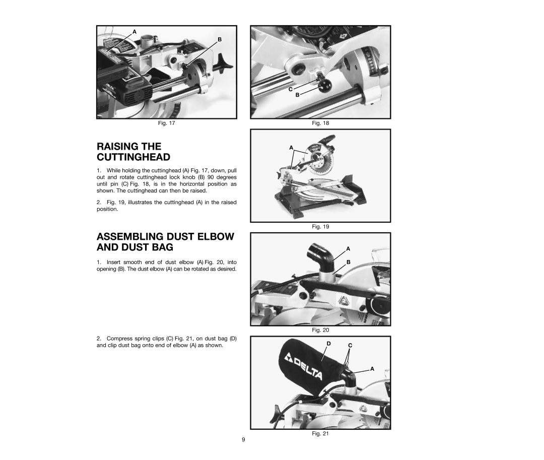 Delta 36-240, 36-250 instruction manual Raising Cuttinghead, Assembling Dust Elbow and Dust BAG 