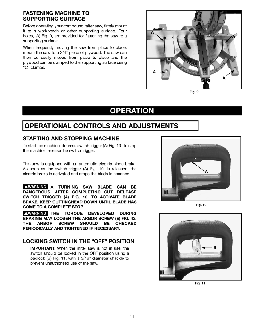 Delta 36-255L instruction manual Operation, Fastening Machine to Supporting Surface, Starting and Stopping Machine 