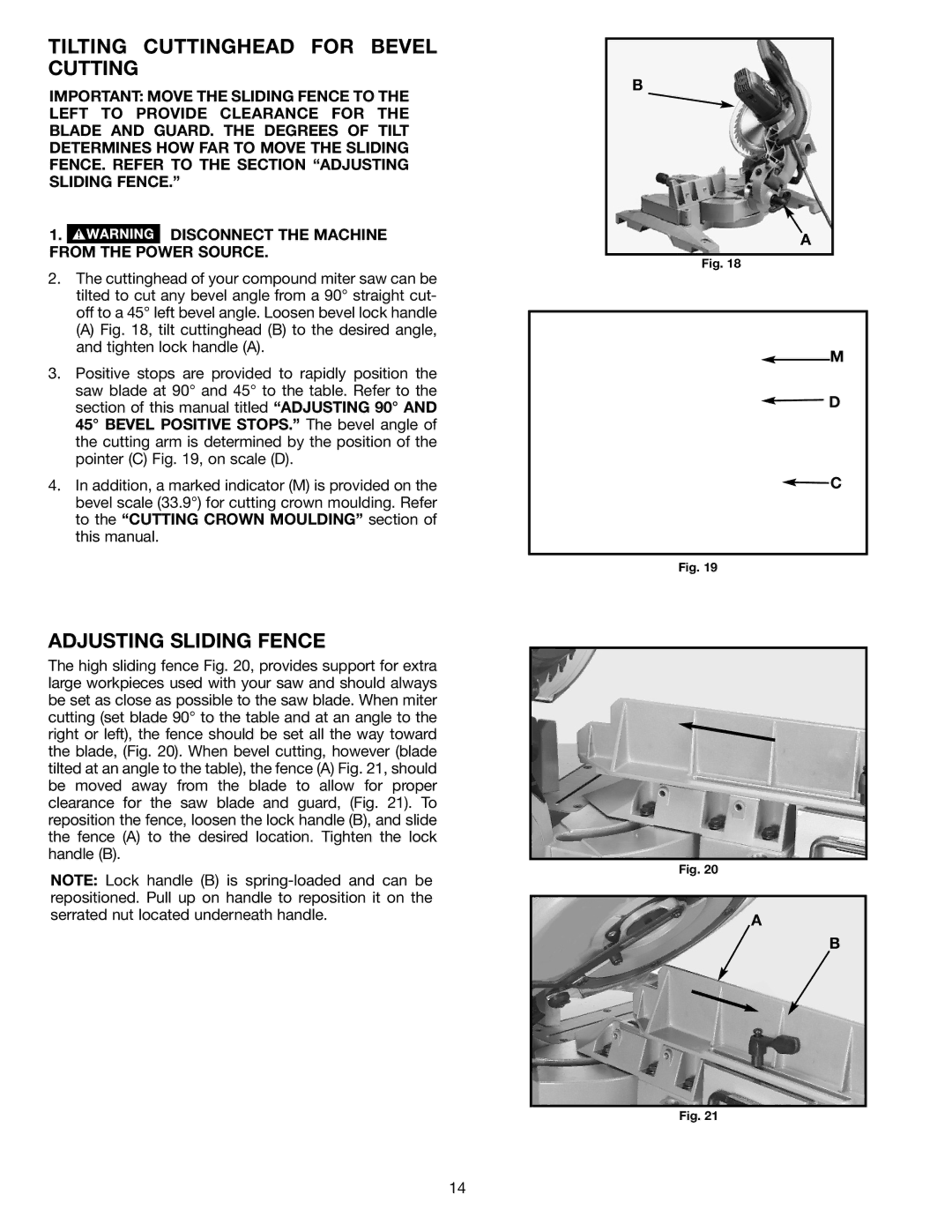 Delta 36-255L instruction manual Tilting Cuttinghead for Bevel Cutting, Adjusting Sliding Fence 