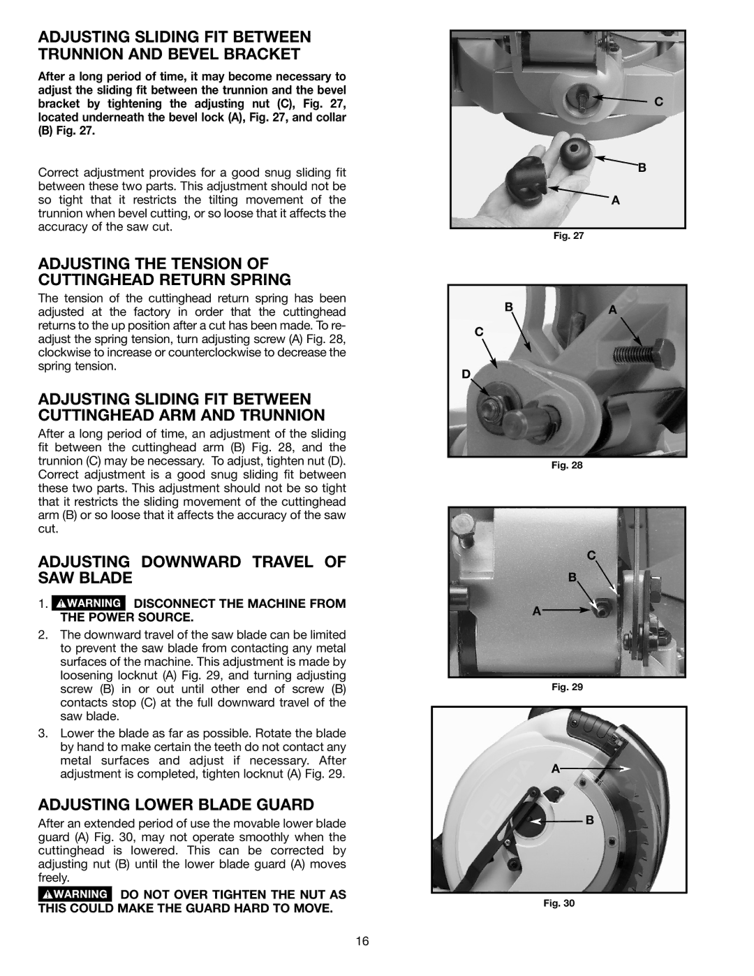 Delta 36-255L Adjusting Sliding FIT Between Trunnion and Bevel Bracket, Adjusting the Tension of Cuttinghead Return Spring 