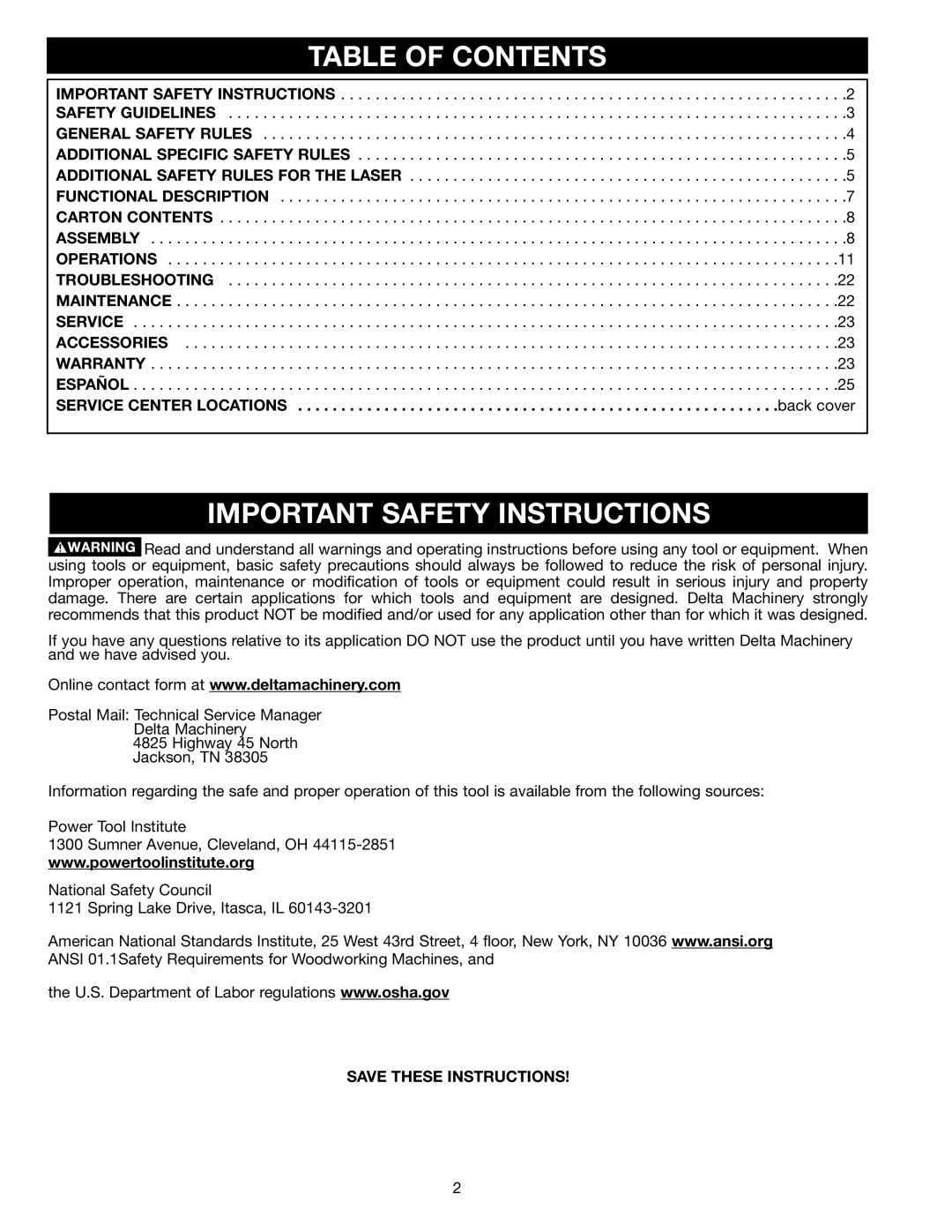 Delta 36-255L instruction manual Table of Contents, Important Safety Instructions 