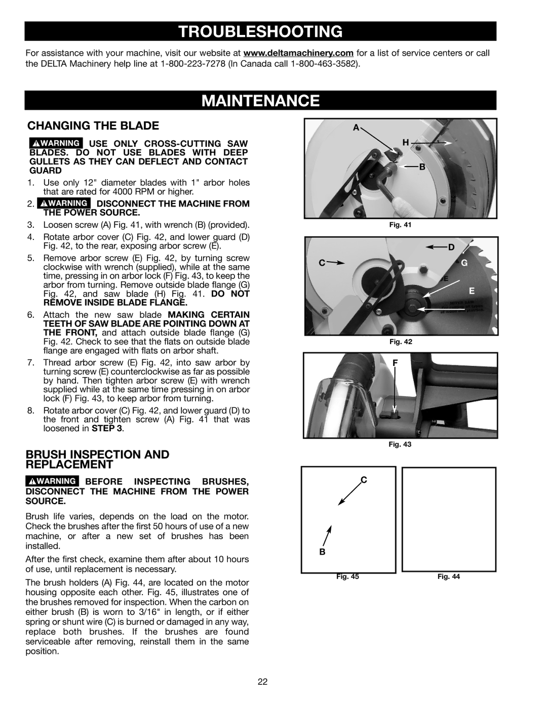 Delta 36-255L Troubleshooting Maintenance, Changing the Blade, Brush Inspection Replacement, Remove Inside Blade Flange 