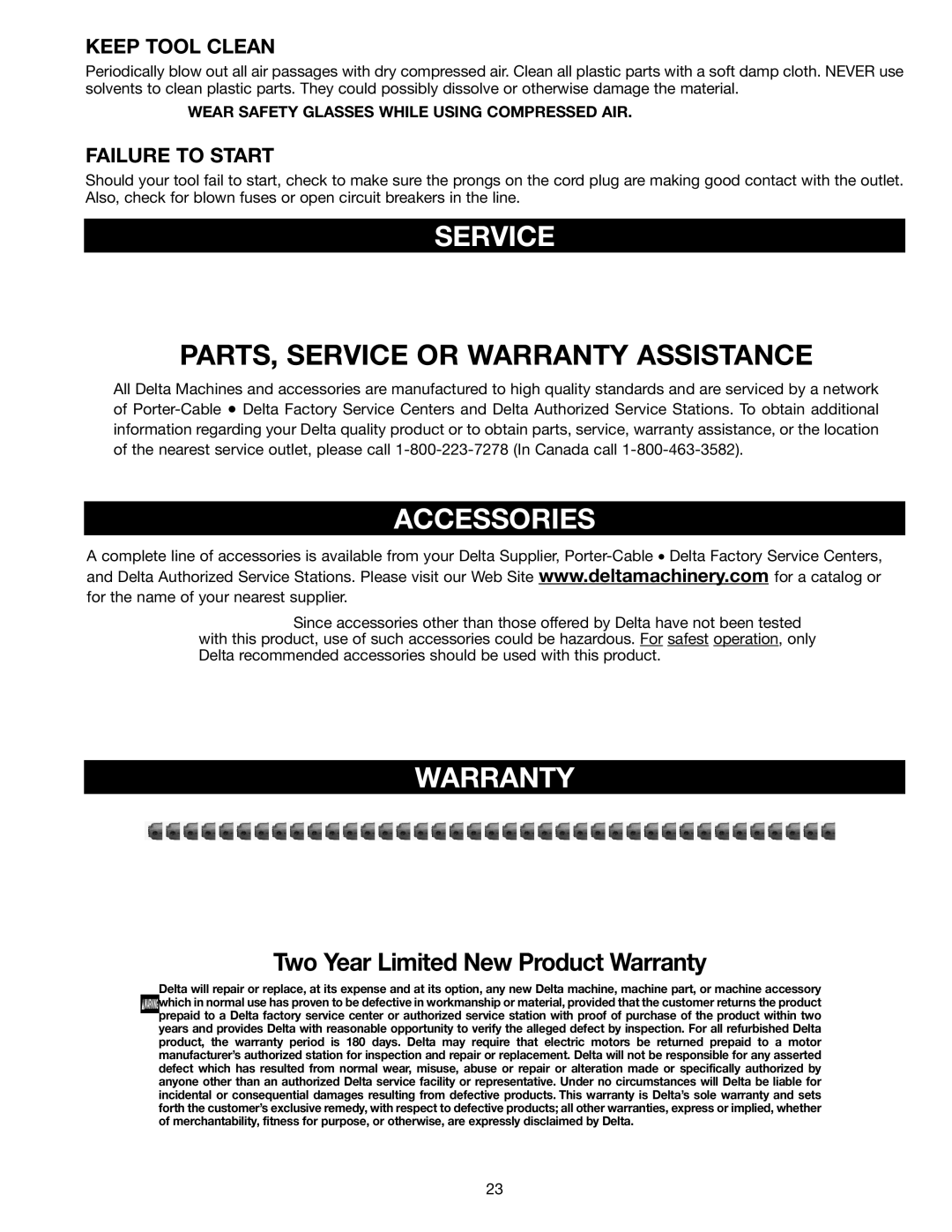 Delta 36-255L instruction manual Service, Accessories, Warranty, Keep Tool Clean, Failure to Start 