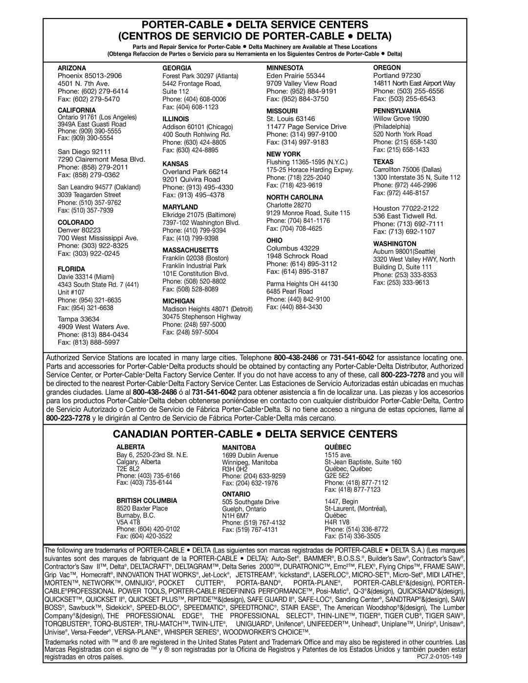 Delta 36-255L instruction manual Canadian PORTER-CABLE Delta Service Centers 