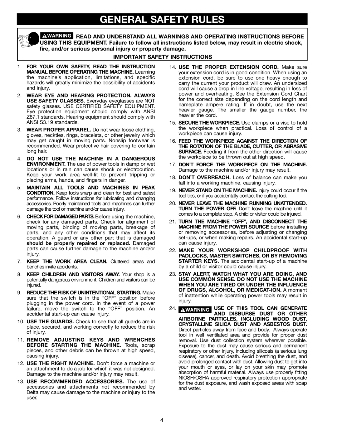 Delta 36-255L instruction manual General Safety Rules, Important Safety Instructions 