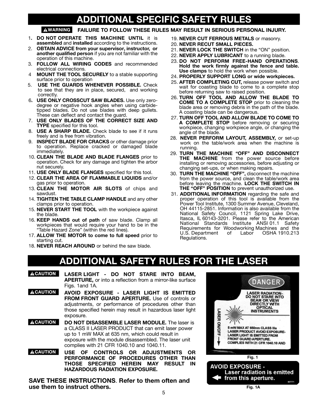 Delta 36-255L Additional Specific Safety Rules, Additional Safety Rules for the Laser, Never Recut Small Pieces 