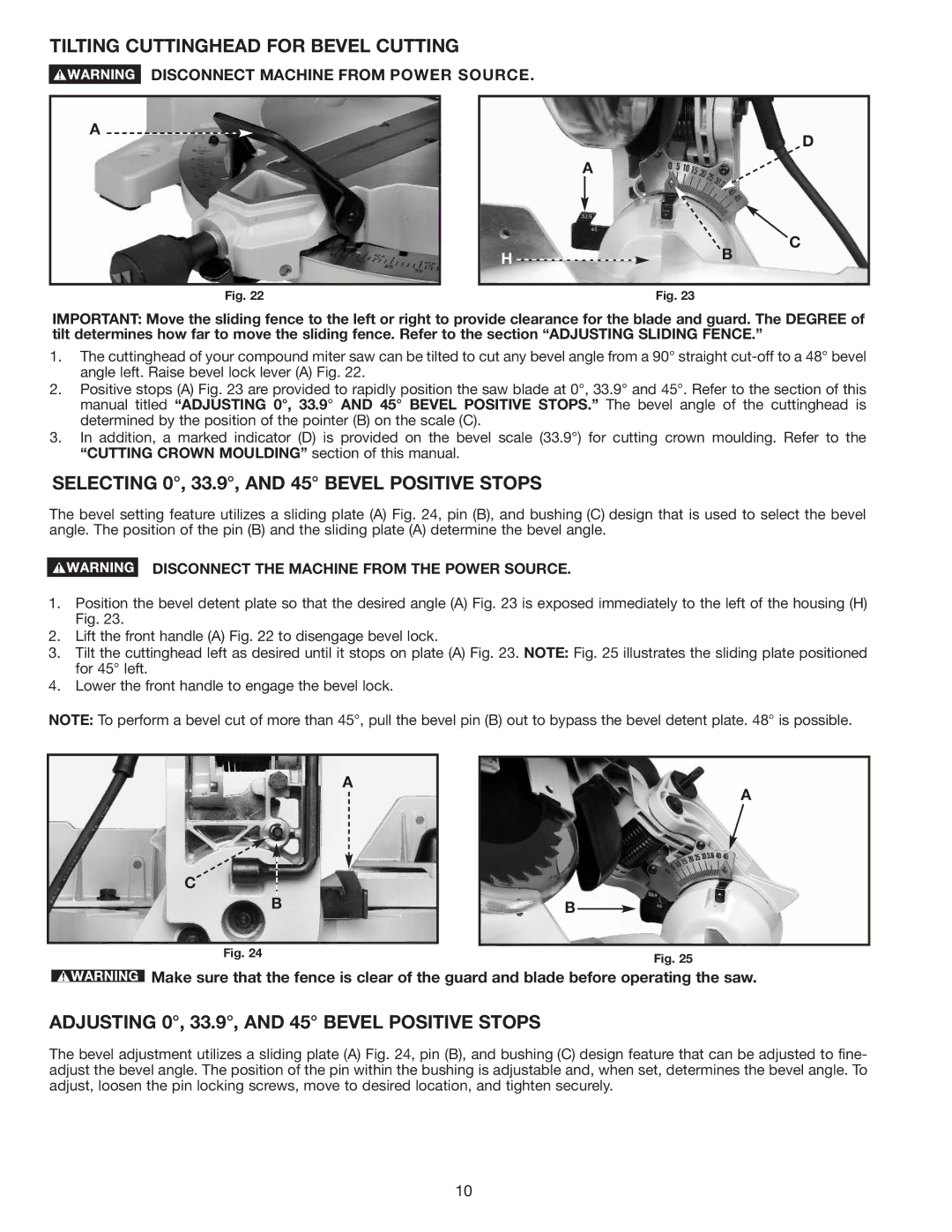 Delta 36-312 instruction manual Tilting Cuttinghead for Bevel Cutting, Selecting 0, 33.9, and 45 Bevel Positive Stops 