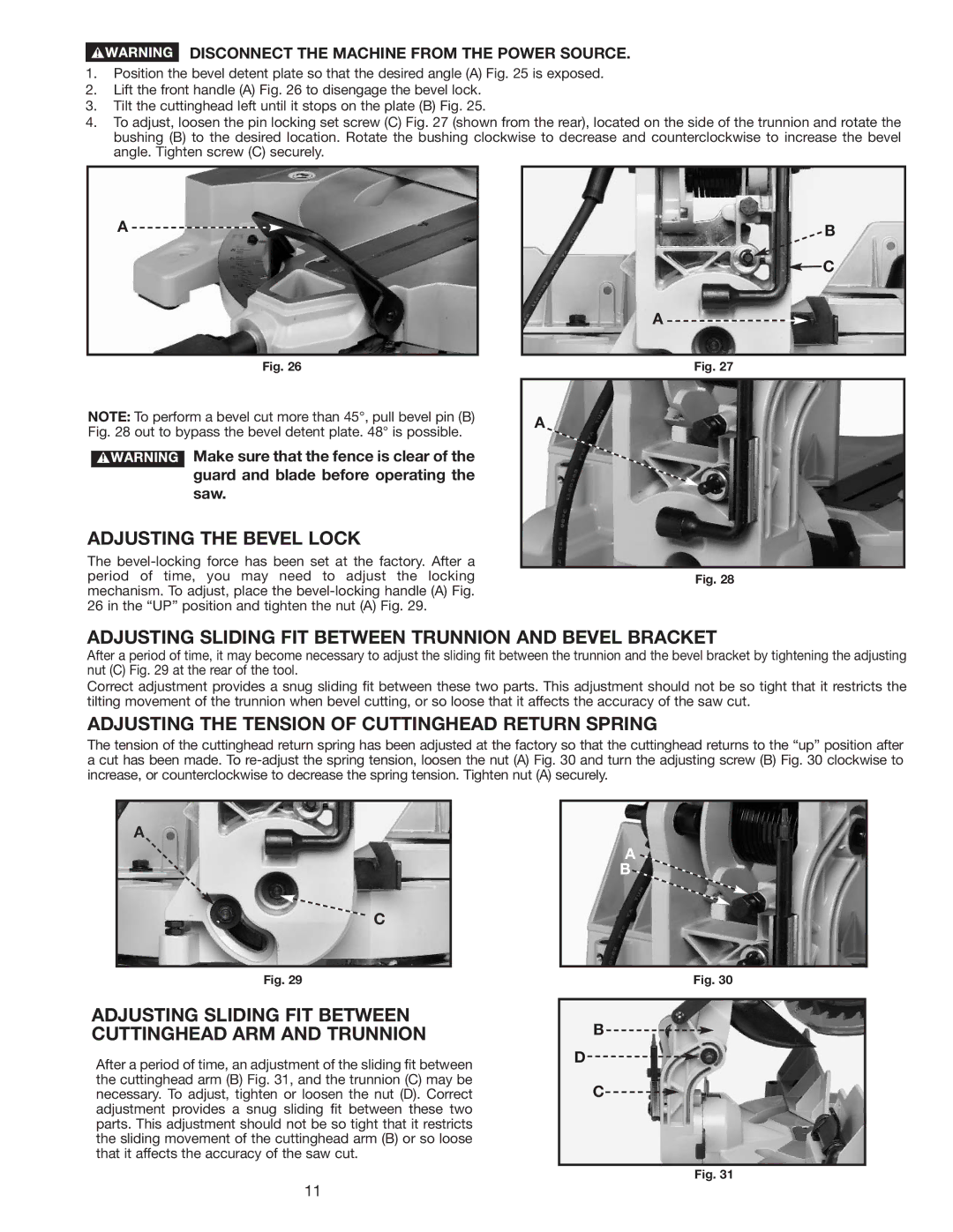 Delta 36-312 instruction manual Adjusting the Bevel Lock, Adjusting Sliding FIT Between Trunnion and Bevel Bracket 