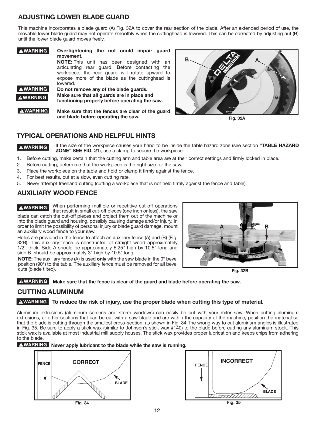 Delta 36-312 Adjusting Lower Blade Guard, Typical Operations and Helpful Hints, Auxiliary Wood Fence, Cutting Aluminum 