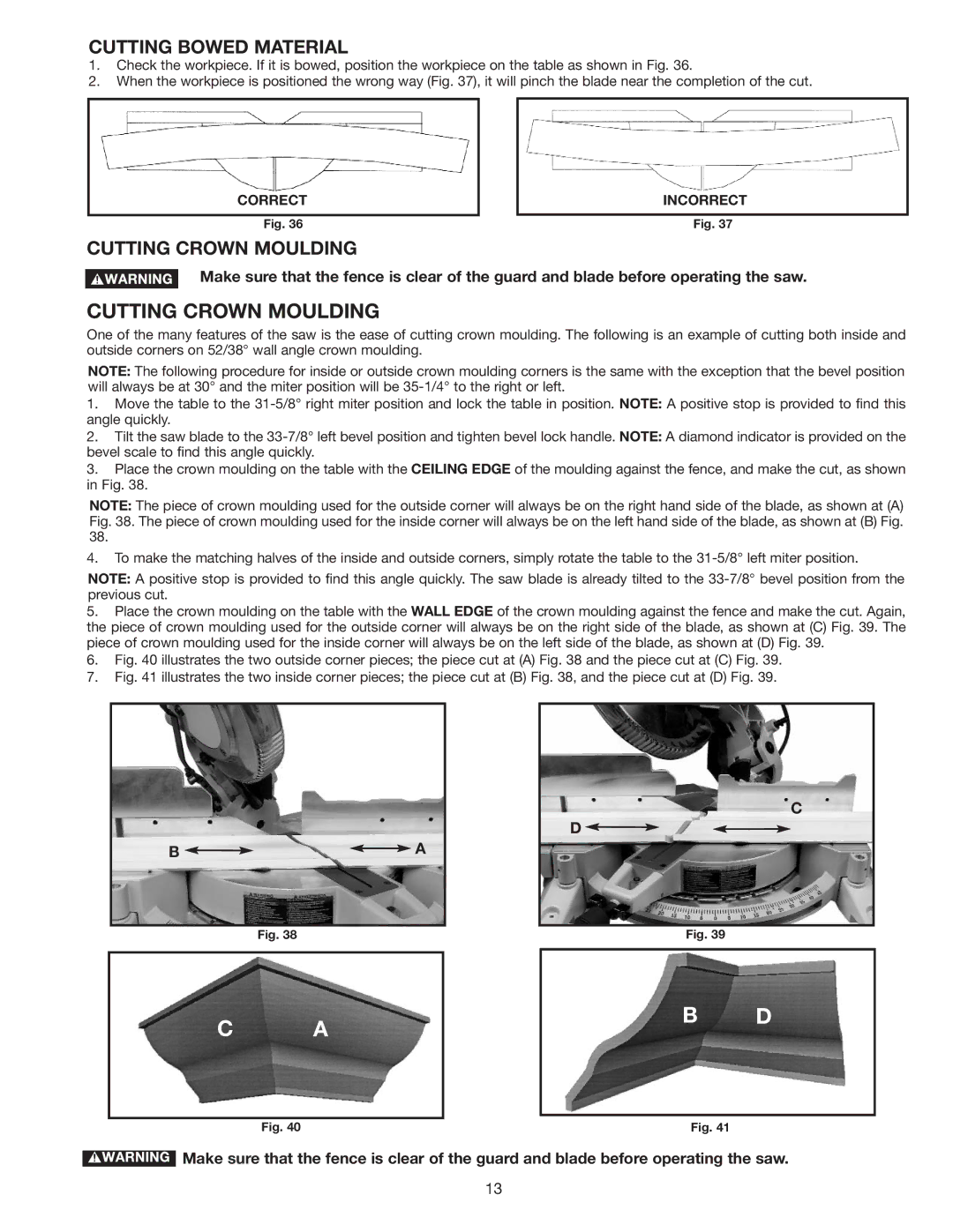 Delta 36-312 instruction manual Cutting Bowed Material, Cutting Crown Moulding 