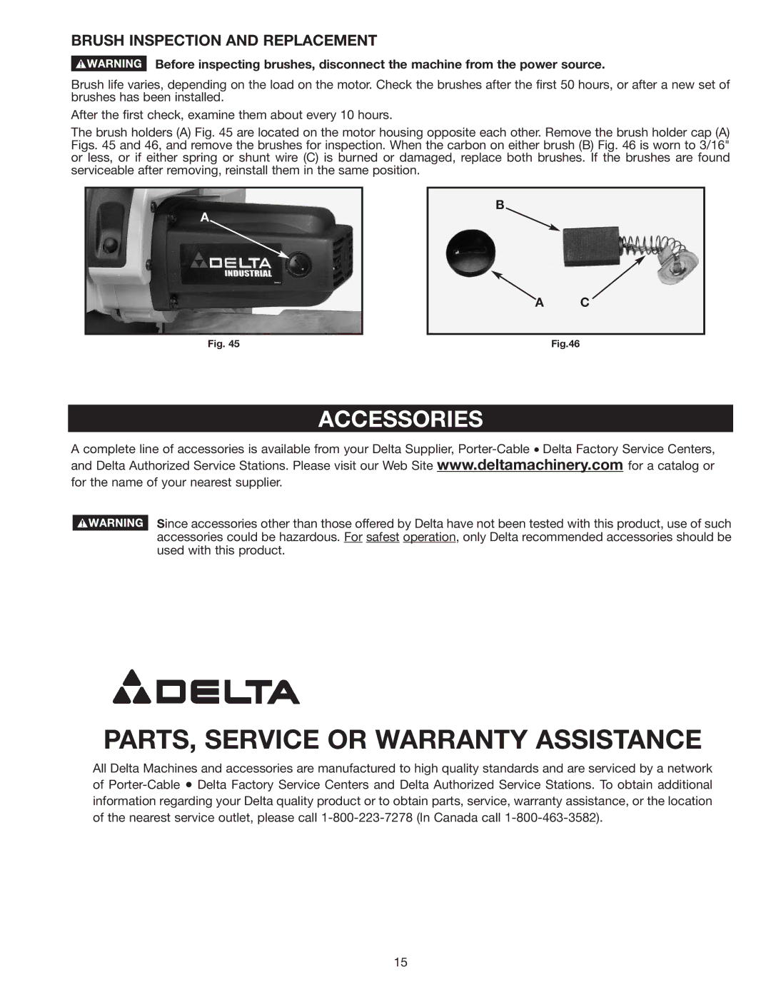 Delta 36-312 instruction manual Accessories, Brush Inspection and Replacement 