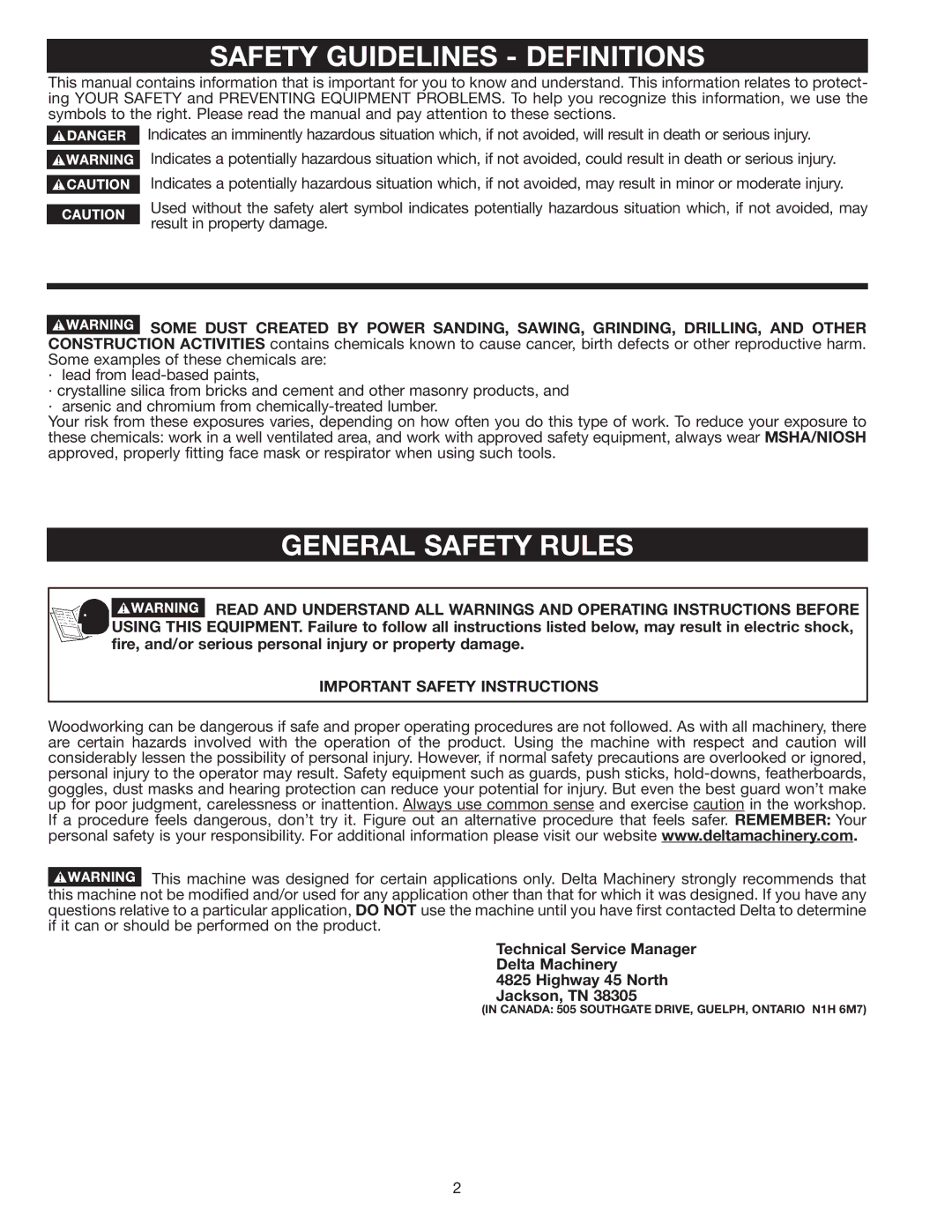 Delta 36-312 instruction manual Safety Guidelines Definitions, General Safety Rules, Important Safety Instructions 