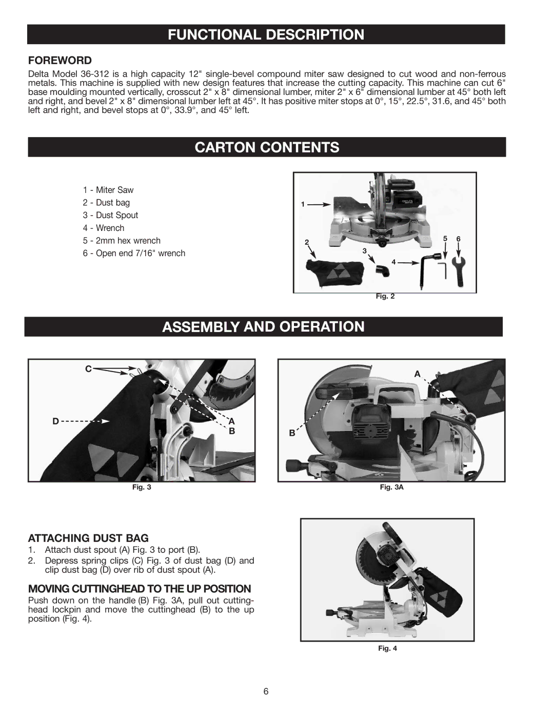 Delta 36-312 instruction manual Foreword, Attaching Dust BAG, Moving Cuttinghead to the UP Position 