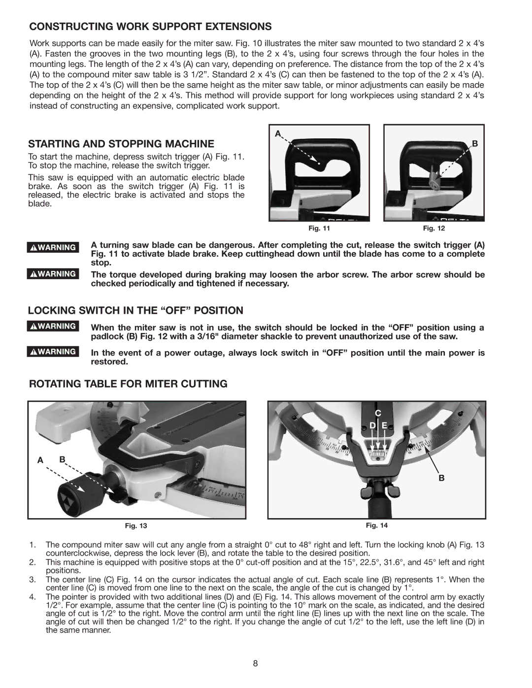 Delta 36-312 Constructing Work Support Extensions, Starting and Stopping Machine, Locking Switch in the OFF Position 