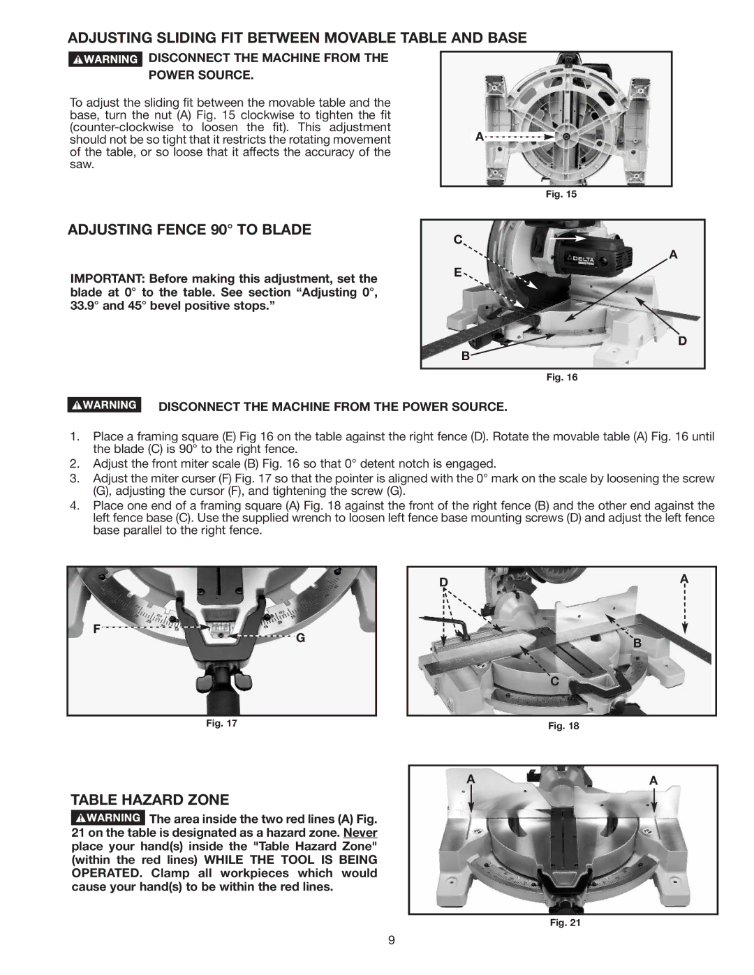 Delta 36-312 Adjusting Sliding FIT Between Movable Table and Base, Adjusting Fence 90 to Blade, Table Hazard Zone 