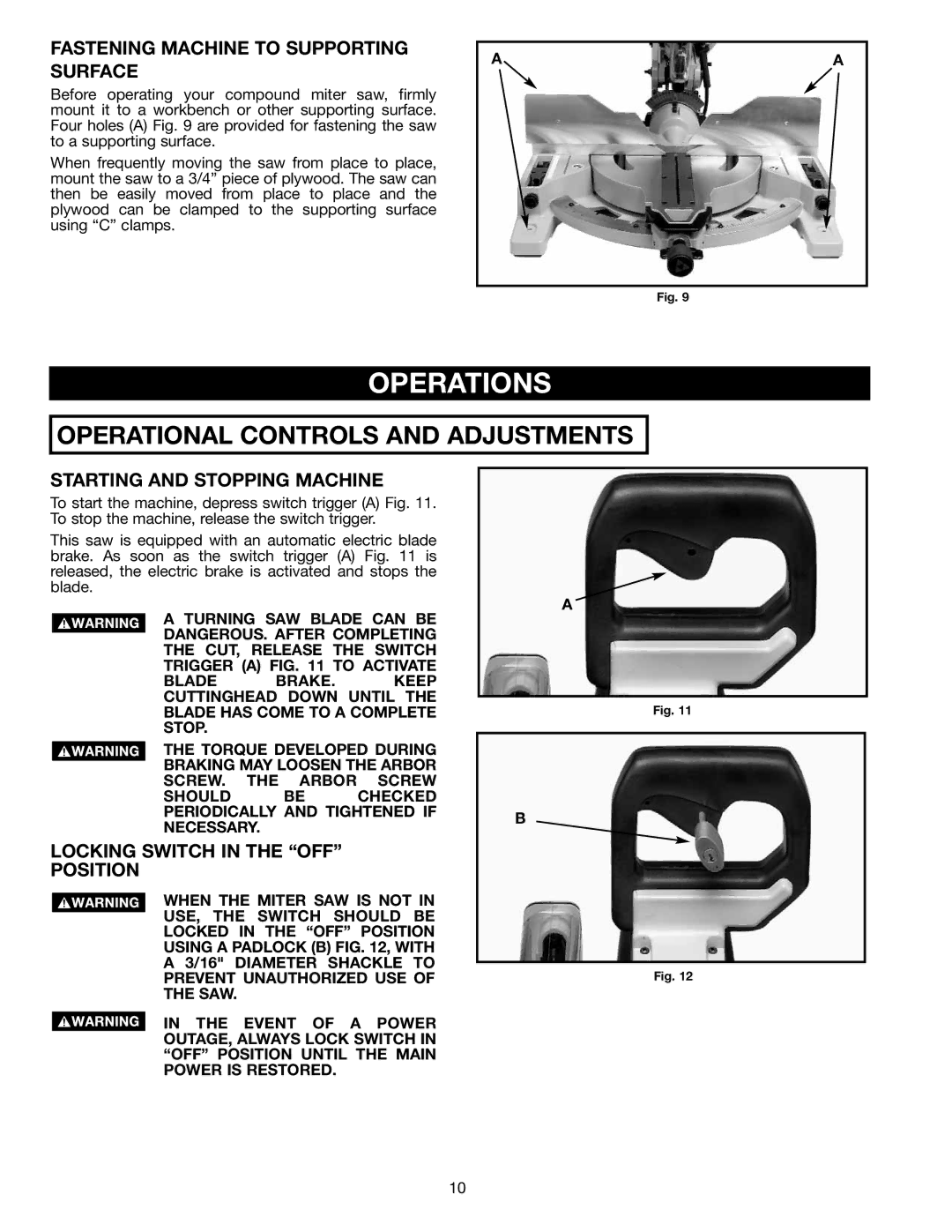 Delta 36-412 instruction manual Operations, Fastening Machine to Supporting Surface, Starting and Stopping Machine 