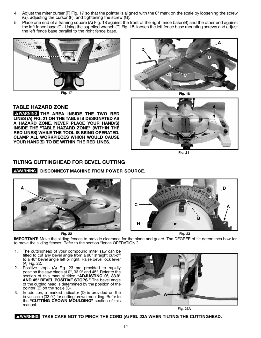 Delta 36-412 Table Hazard Zone, Tilting Cuttinghead for Bevel Cutting, Disconnect Machine from Power Source 