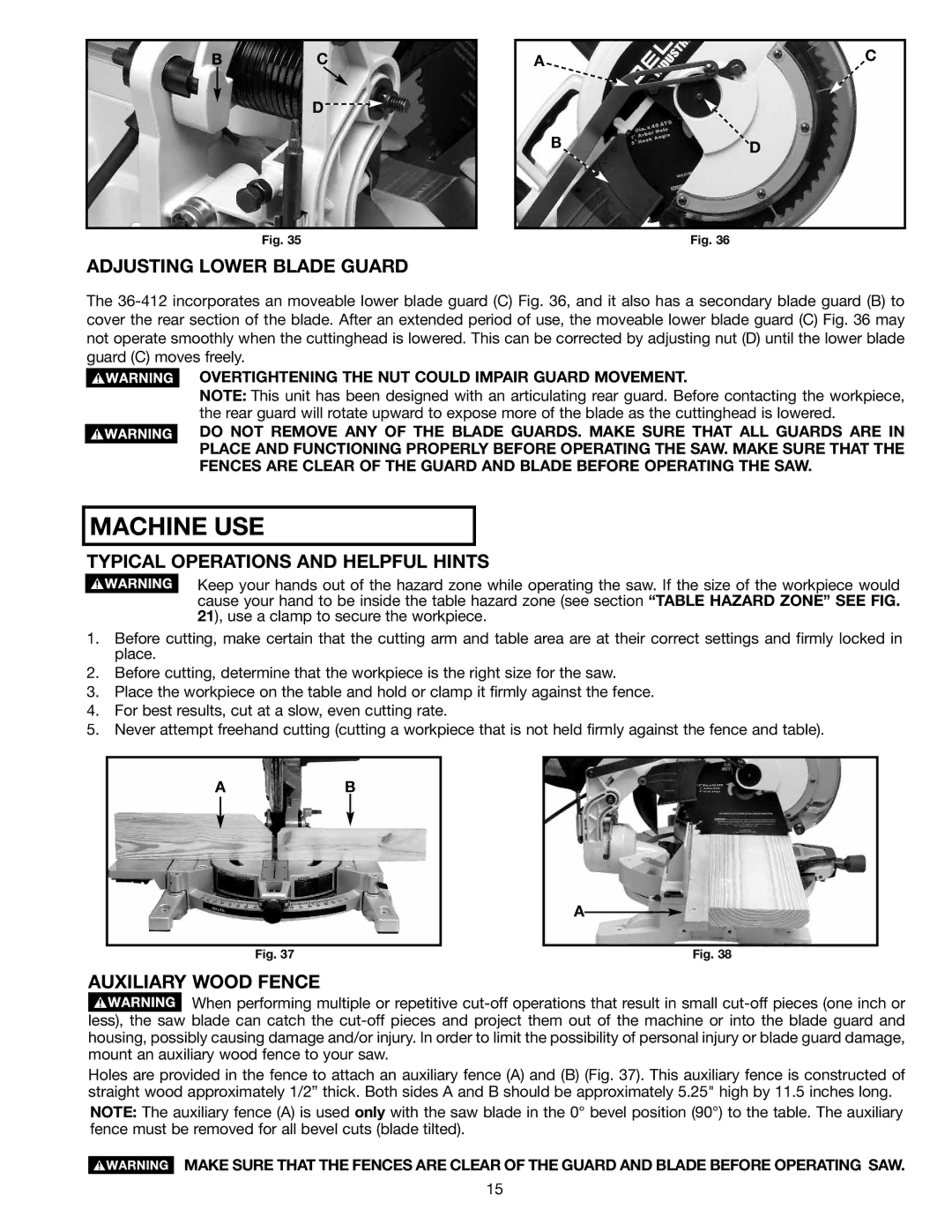 Delta 36-412 instruction manual Adjusting Lower Blade Guard, Typical Operations and Helpful Hints, Auxiliary Wood Fence 