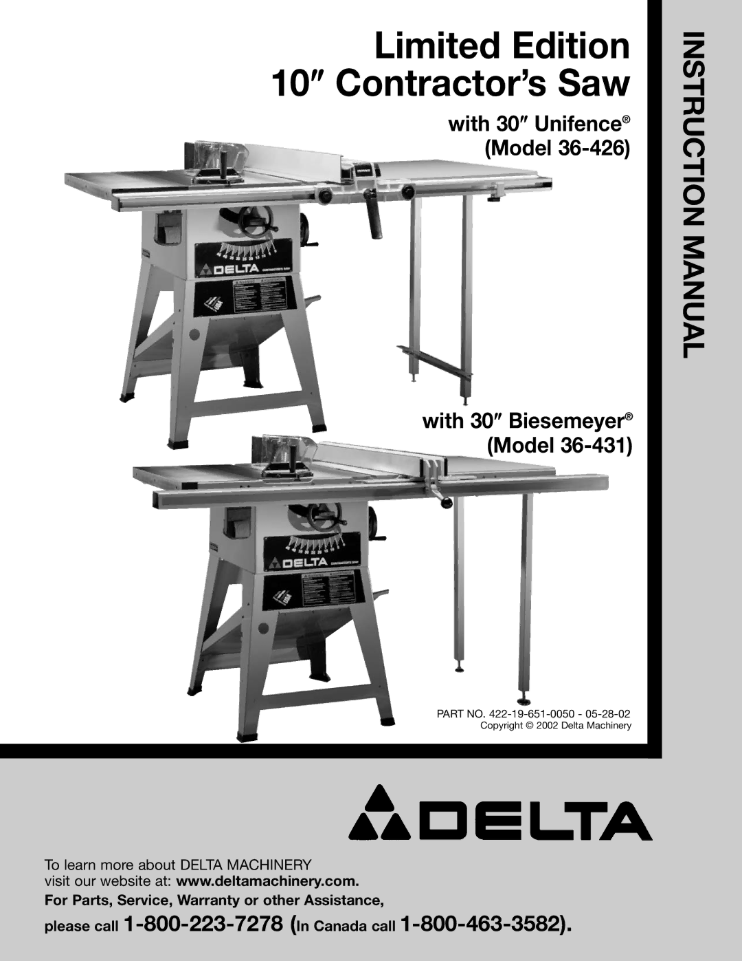 Delta 36-426 instruction manual Limited Edition 10″ Contractor’s Saw 