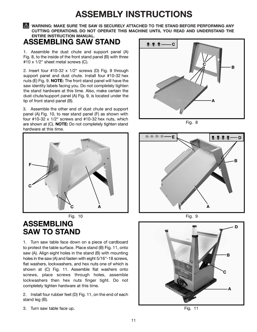 Delta 36-426 instruction manual Assembly Instructions, Assembling SAW Stand, Assembling SAW to Stand 