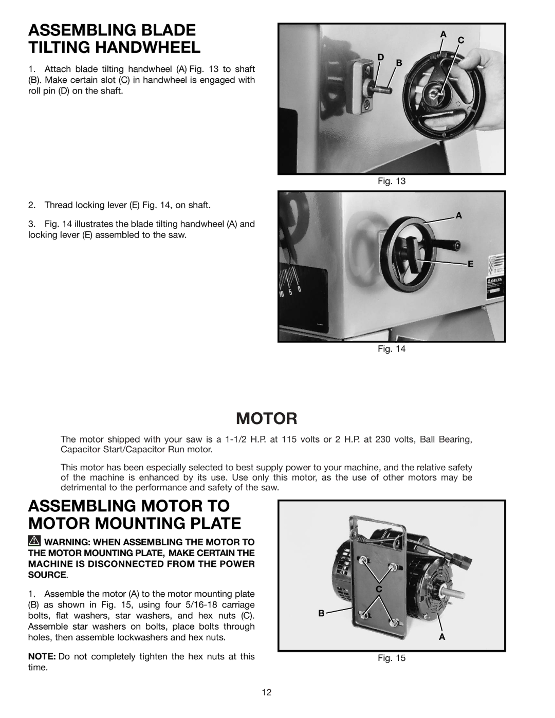 Delta 36-426 instruction manual Assembling Blade Tilting Handwheel, Assembling Motor to Motor Mounting Plate 