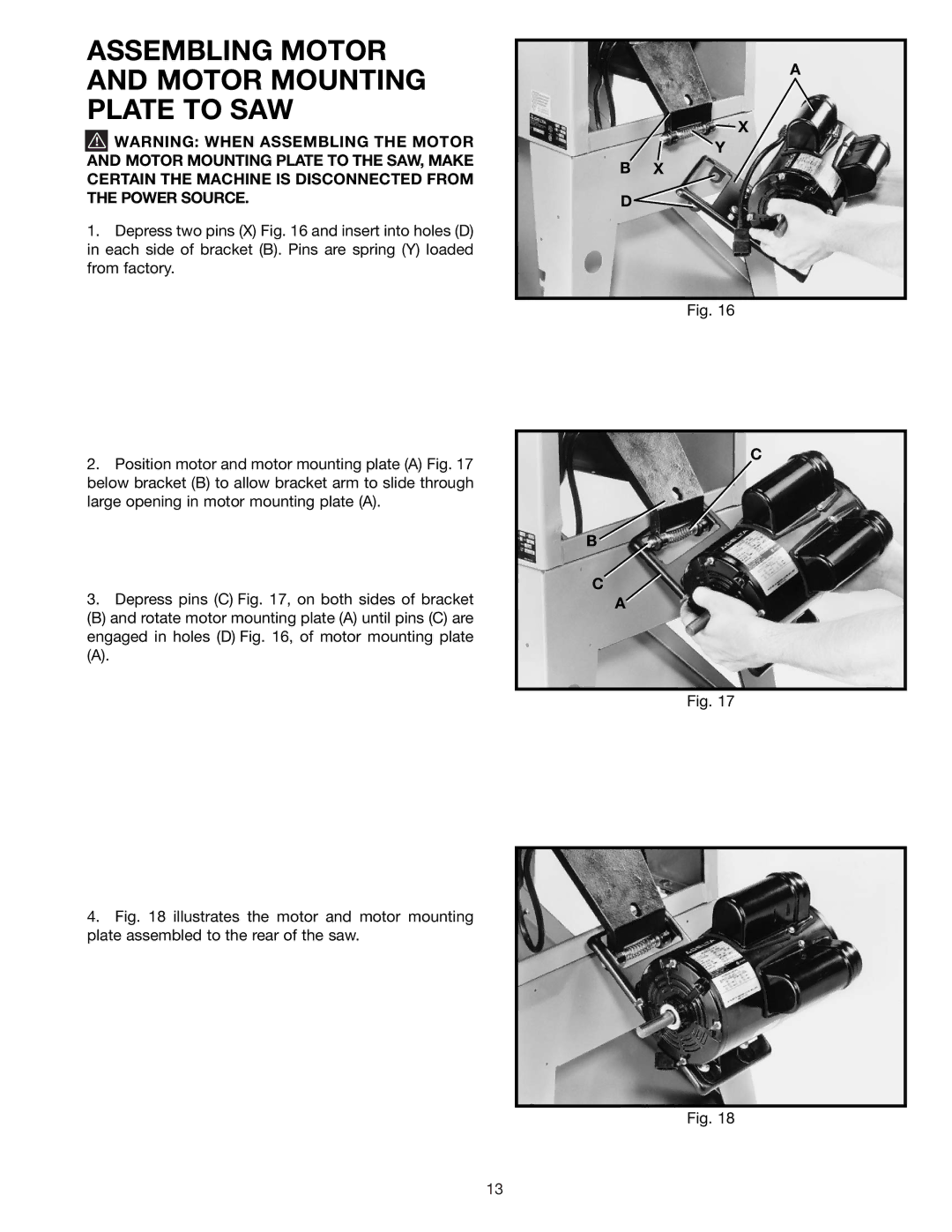 Delta 36-426 instruction manual Assembling Motor and Motor Mounting Plate to SAW 