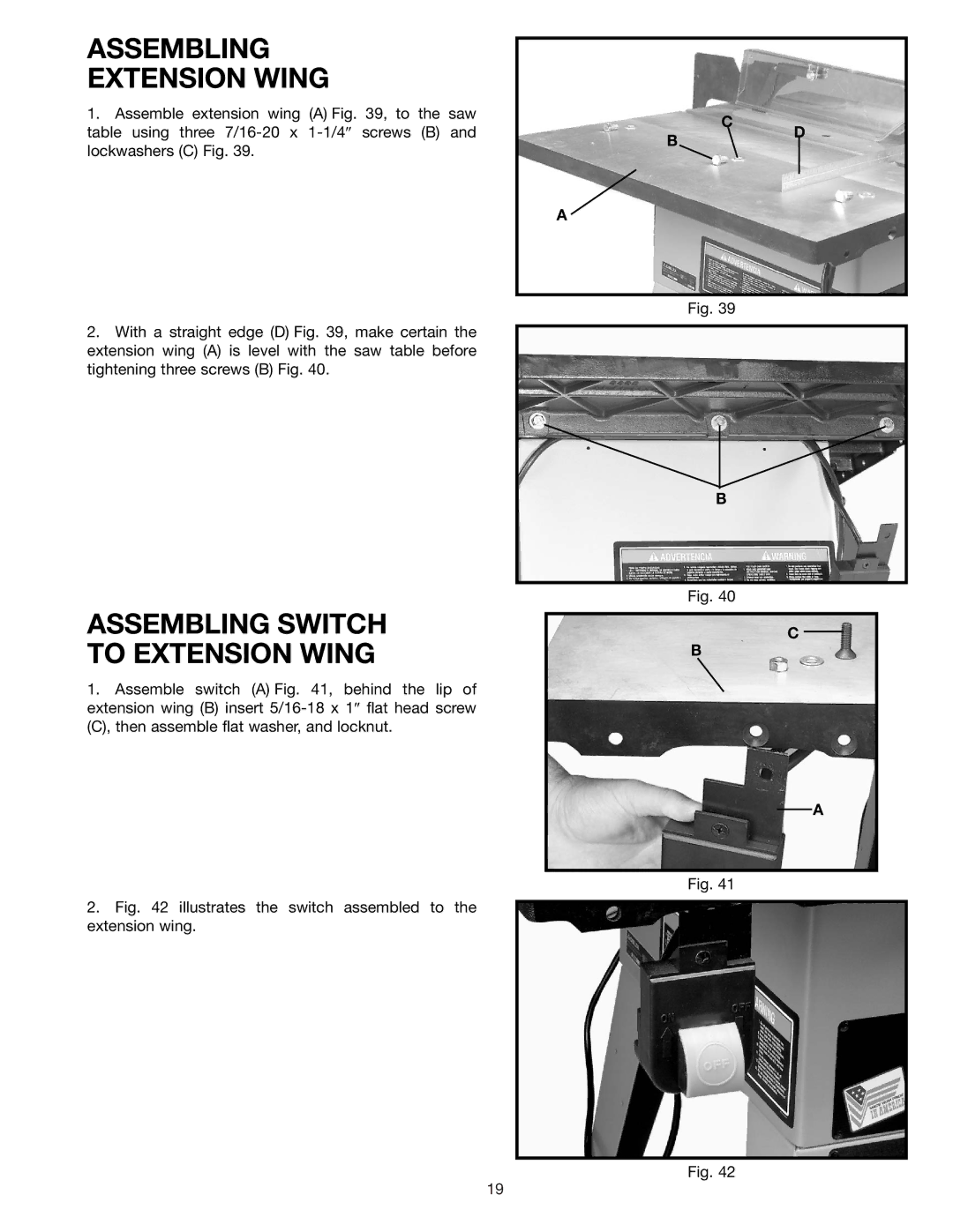 Delta 36-426 instruction manual Assembling Extension Wing, Assembling Switch to Extension Wing 