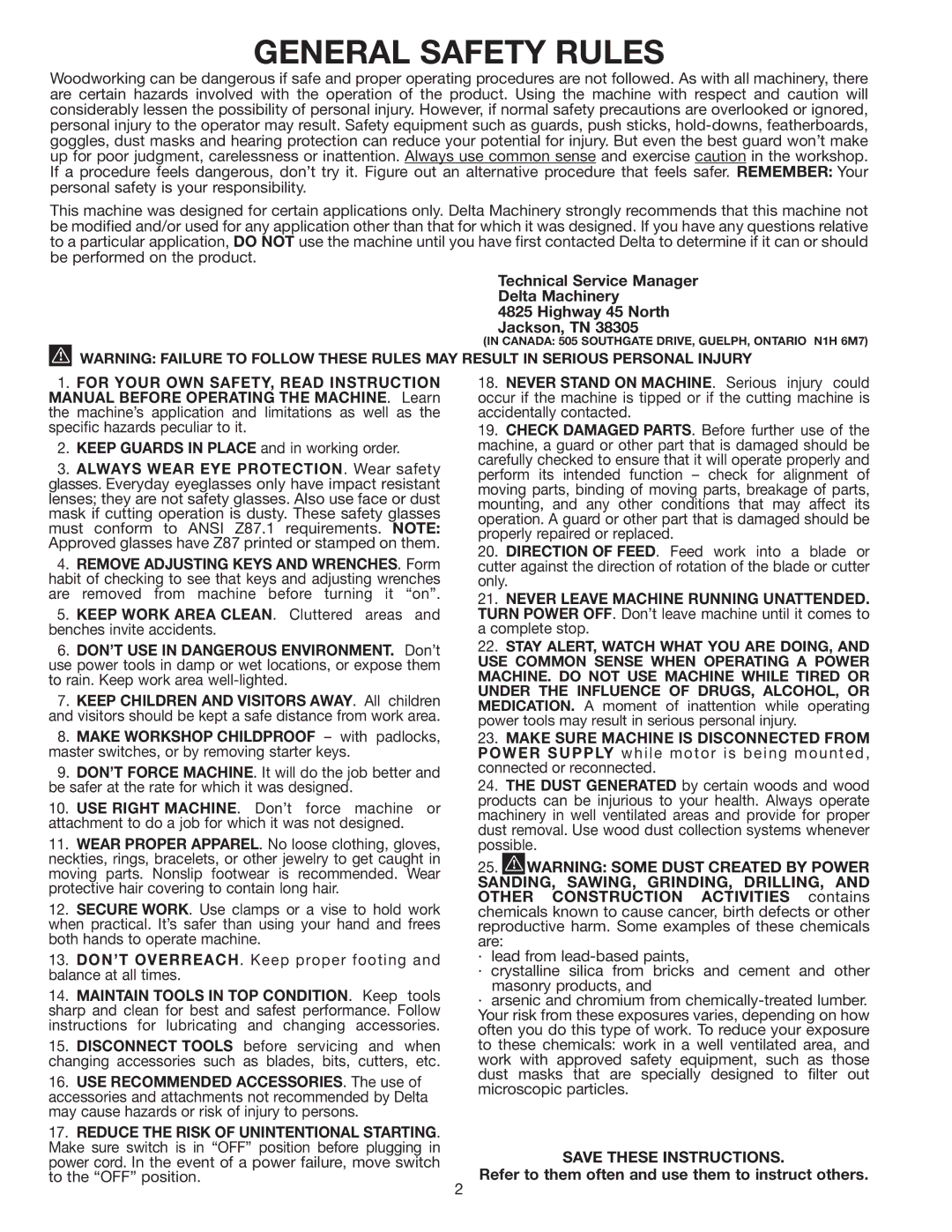 Delta 36-426 instruction manual General Safety Rules 