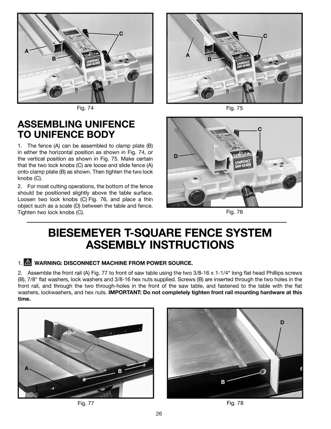 Delta 36-426 Biesemeyer T-SQUARE Fence System Assembly Instructions, Assembling Unifence to Unifence Body 